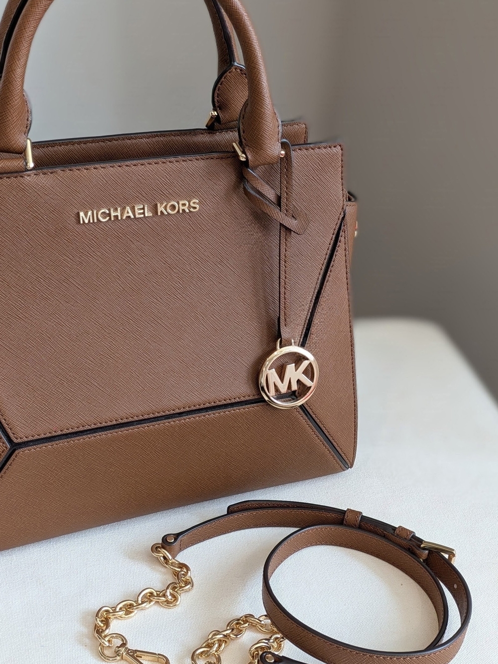 Michael Kors Brown Saffiano Leather Satchel With Adjustable Crossbody Strap